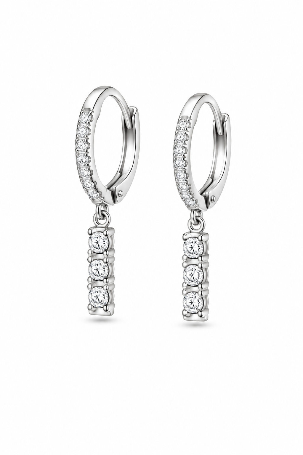 A pair of silver hoop earrings with a vertical bar drop, both adorned with clear pavé and round-cut stones, shown on a plain white background.