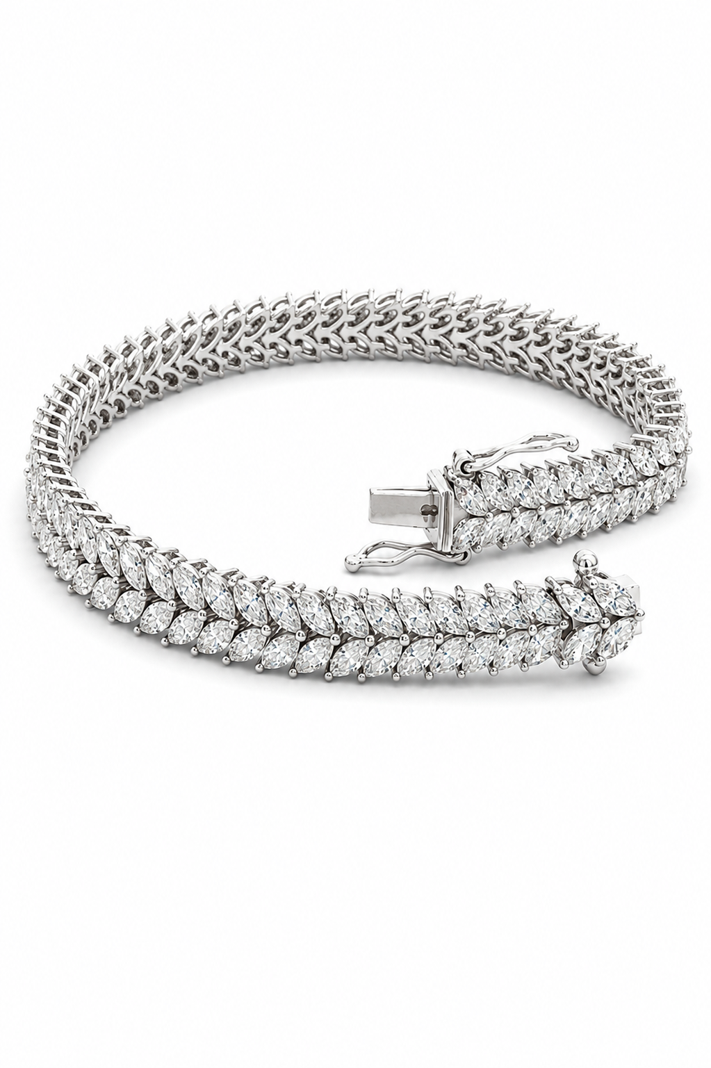 A silver-toned tennis bracelet paved with clear stones, arranged in a circular loop on a plain white background.