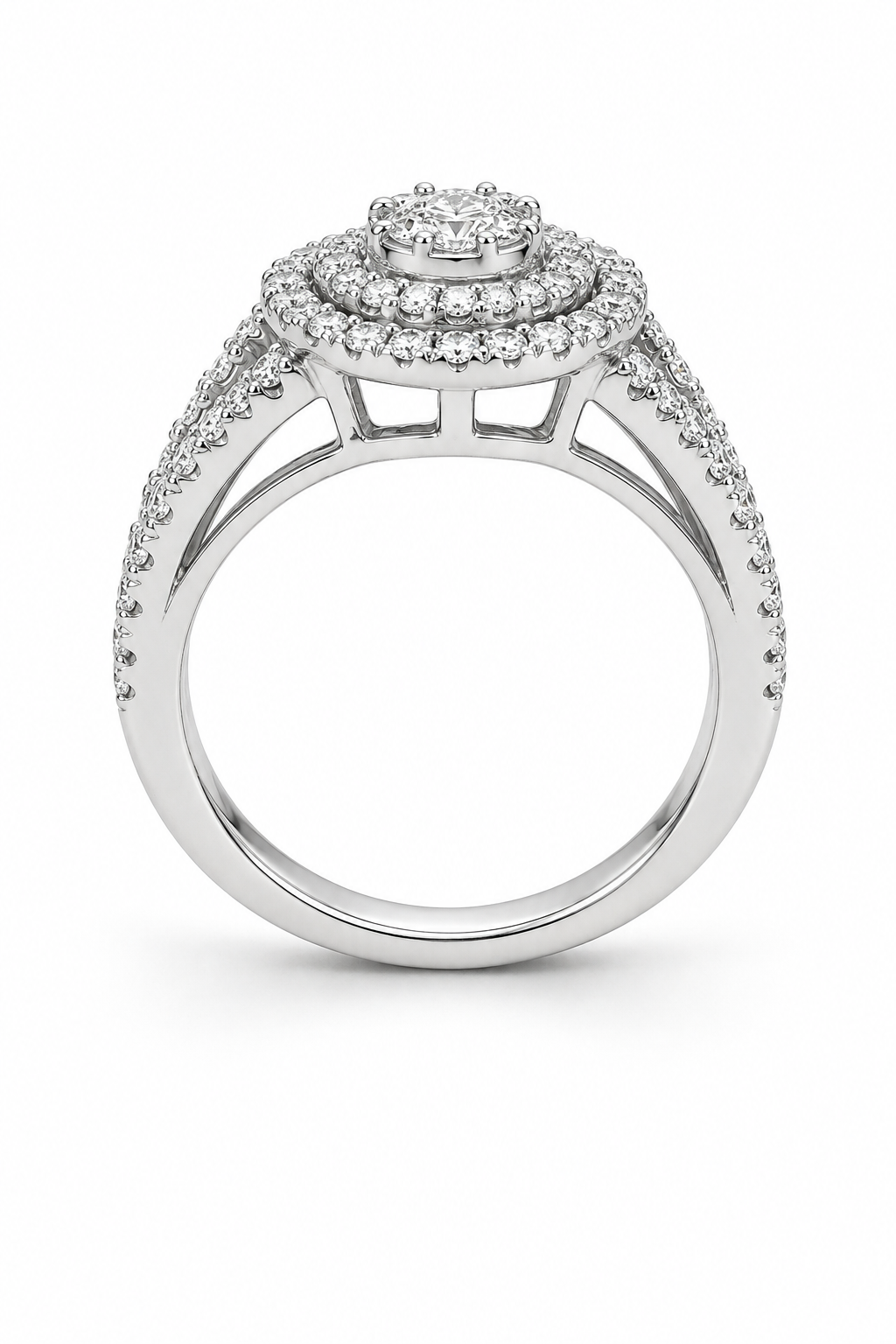 A silver-toned diamond ring with a double halo center stone and pavé-set shank, shown on a clean white background.