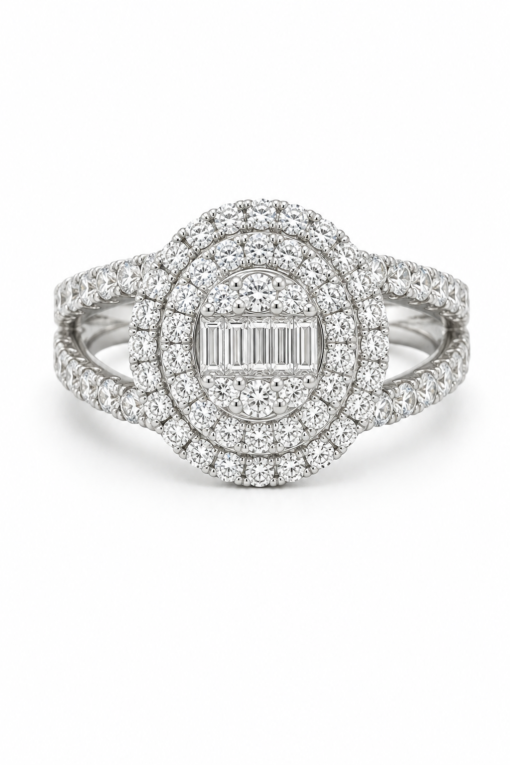 A silver-toned double-band ring featuring a large oval pavé halo with a central baguette-cut diamond, accented by smaller diamonds along the band, set against a plain white background.