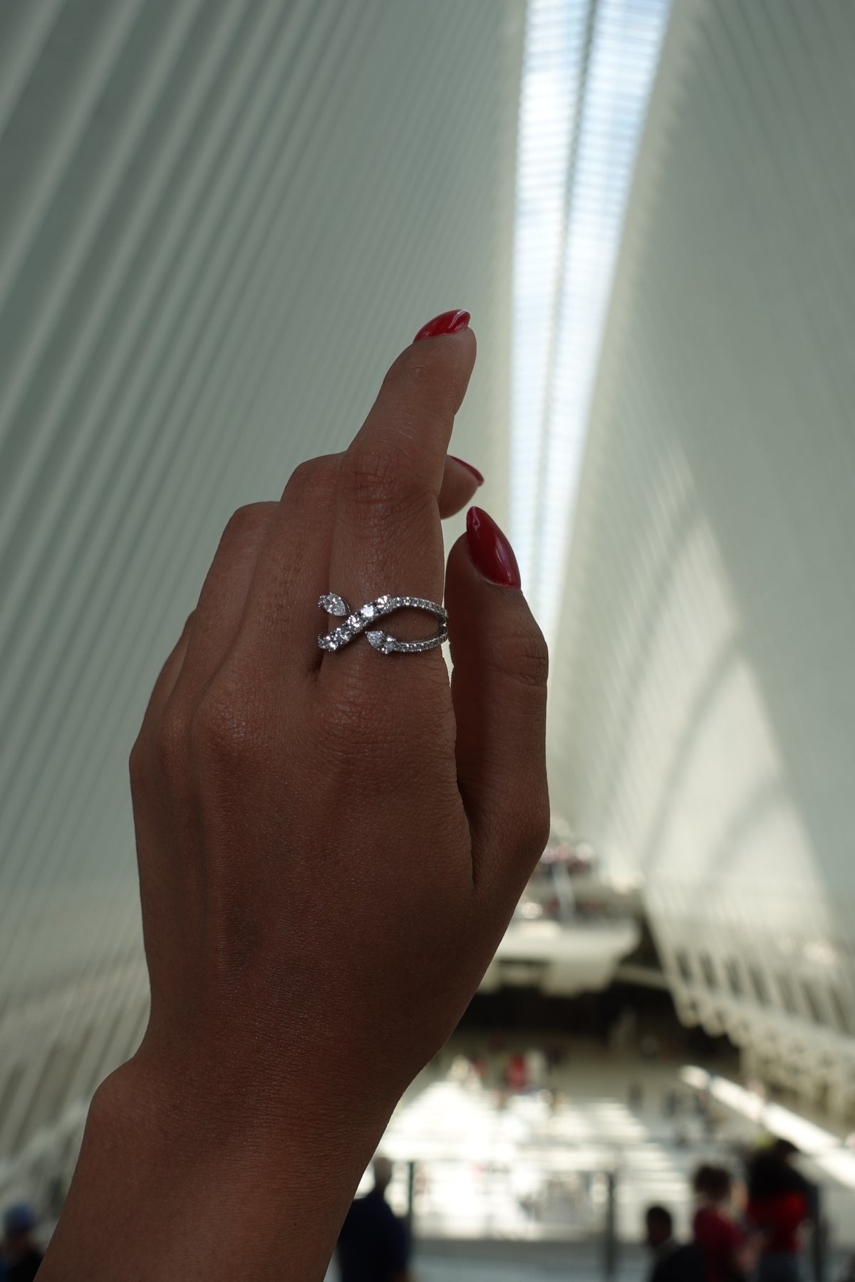 Oculus ring, inspired by new york city architecture, made in solid 14k gold, pear and round lab grown diamonds