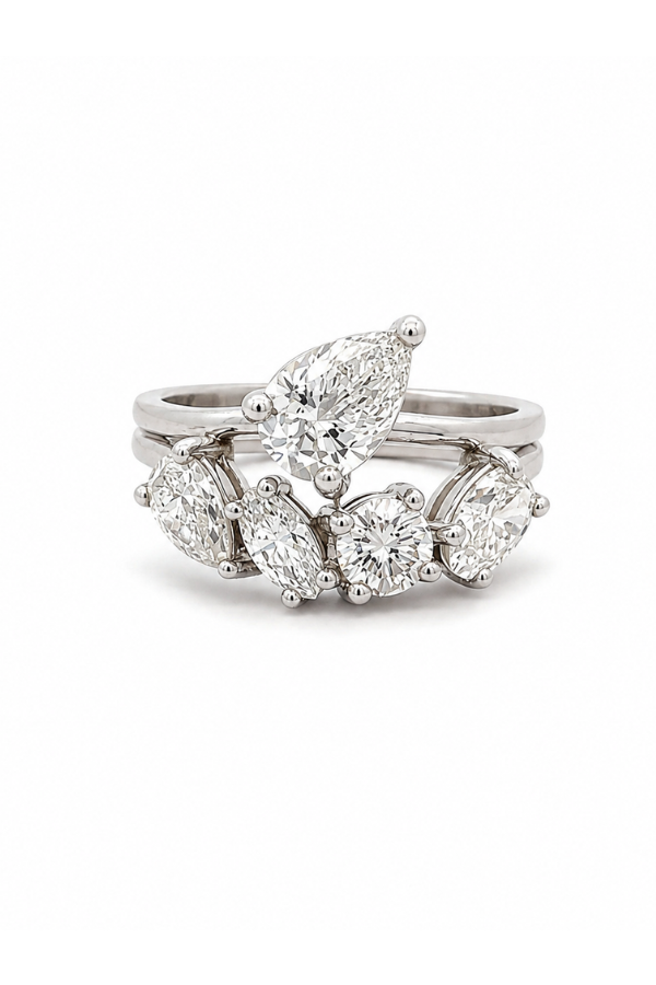 Lab grown diamond cluster of Pear, Marquise, Oval & Round Brilliant cuts, 925 Sterling Silver with 14K White Gold Plating