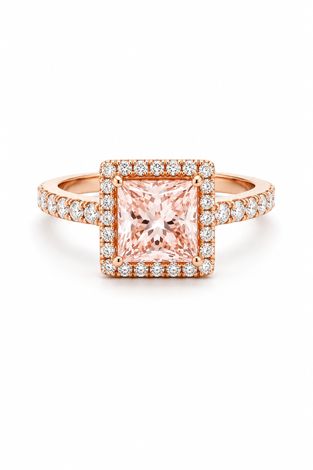 A square princess-cut moissanite halo ring in rose gold with a diamond-paved band, set against a clean white background.