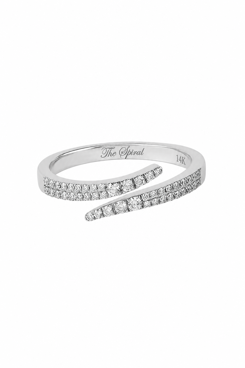 Silver ring with diamond accents on a white background